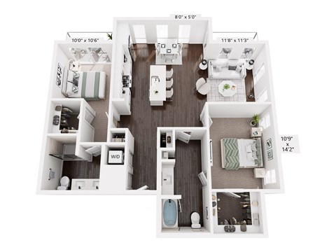 A floor plan of a two-bedroom apartment with a living room, kitchen, and bathroom.